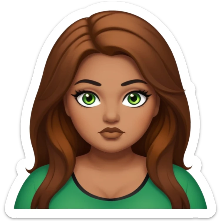 big plus size, long brown hair, baddie,pretty, makeup, black eyeliner, green eyes sticker