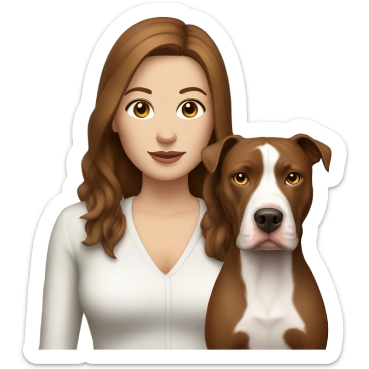 white woman with straight long brown hair standing alongside a white pitbull sticker