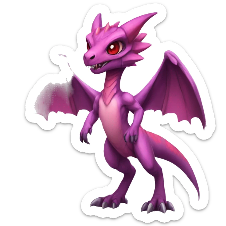 Chibi-Anthro Mauve-maroon-red-colored edgy anthro-genesect-velociraptor-scalie-sona-Fakémon-hybrid with a purple-pink mane on head and back and horns full body sticker