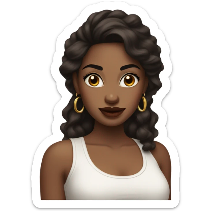 woman with long wavy dark brown hair, big dark brown eyes with thick eyelashes, thick round lips wearing a white tank top and gold earrings sticker