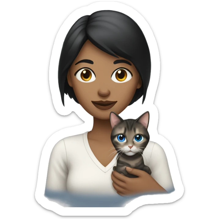 woman with black hair and blue eyes holding a tabby cat sticker