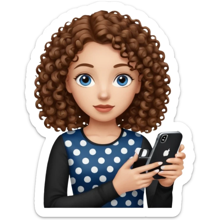 generate a pretty woman with blue eyes, light skin and medium brown curly shiny hair holding an iphone with a black and white polka dot case. she is looking at the phone and holding it in her hand. she is wearing a black long sleeve sticker