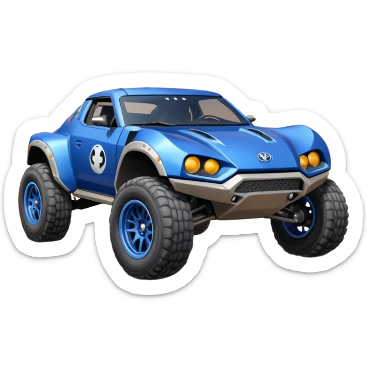 Mandalorian evil night blue Dirty and dented Local Motors Rally Fighter off road race car hot rod meets 2013 Toyota 86 trophy truck-style basher flying on a dusty road (silver wheels) sticker
