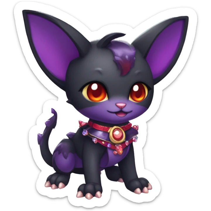 cool kawaii black purple red ethereal fantasy beautiful elegant nargacuga-bat-cat-Fakemon wearing legs spats a collar harness with jewelries full body sticker
