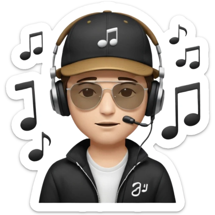 emojis.com dj-man-white-with-baseball-cap---rayban-sun-glasses-80s---brown-hair---closed-eyes-with-headphones-on-with-musical-note-over-head-(listening-to-music-)---eyes-closed-no-glasses---black-hat--musical-notes sticker