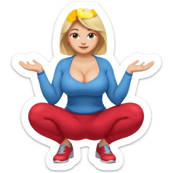 fullbody busty blonde woman, front view, squatting and sitting, cheerful expression, SFW, no nudity, apple emoji style sticker