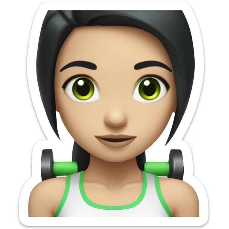 Pale girl with long black hair and green eyes lifting weights sticker