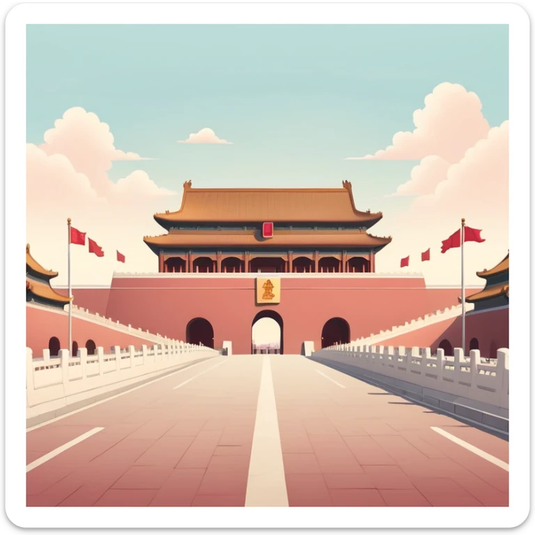 Tiananmen Square in Beijing with traditional Chinese architecture gate, sunny day, travel landmark illustration, soft pastel colors, gentle color palette, muted tones, not vibrant sticker