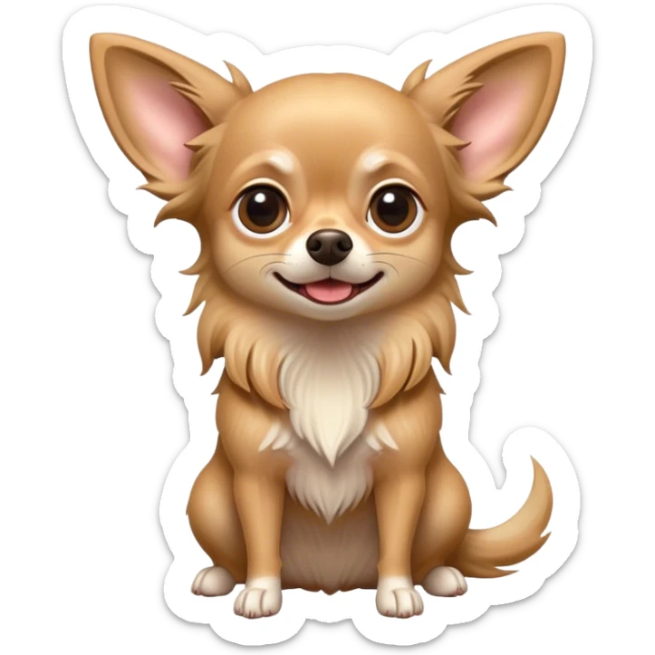 Cinematic Comical Long Haired Fawn Chihuahua Portrait Emoji, Head tilted dramatically with an exaggeratedly shocked or offended expression, long, silky fawn hair flowing with a vibrant sheen, wide, expressive dark eyes filled with exaggerated disbelief, Simplified yet hilariously expressive features, highly detailed, glowing with a slightly sassy glow, high shine, dramatic yet playful, stylized with an air of attitude, bright and endearing, soft glowing outline, capturing the essence of a sassy and over-the-top companion, so meme-worthy it feels like it could side-eye its way into internet fame instantly! sticker