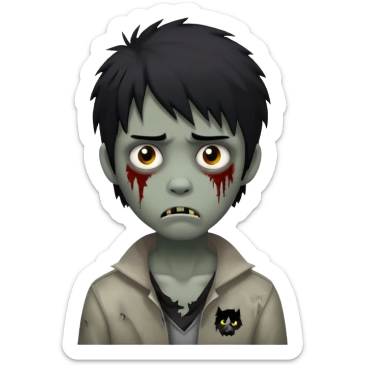 Boy, zombie, black hair, medium long,wolf cut, emo, shaggy, dark, spooky, creepy expression,sad sticker