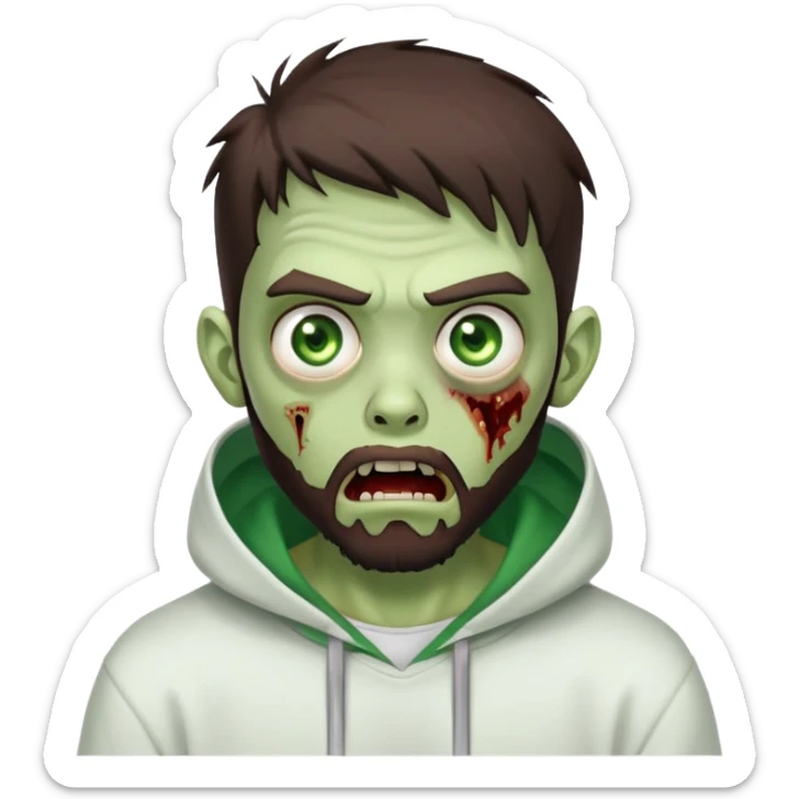 zombie with shocked expression, undercut hairstyle with dark brown hair, short full beard, intense green eyes, wearing plain white hoodie sticker
