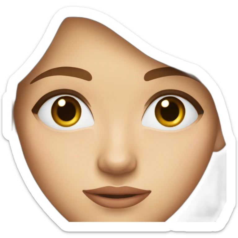 young woman with brown hair, blue almond-shaped eyes, thin eyebrows and earring sticker