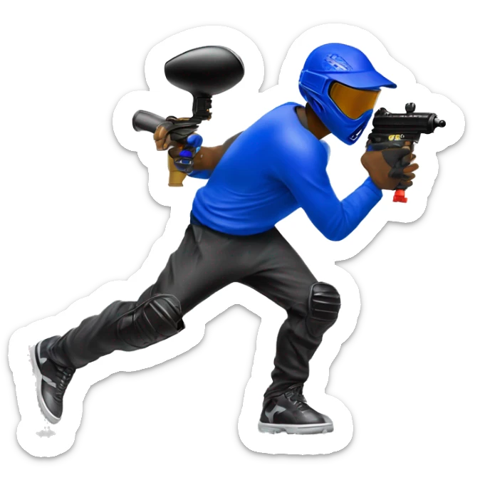 Brown skin paintball player wearing a royal blue long sleeve jersey, black pants, white shoes and running with a paintball gun in hand sticker