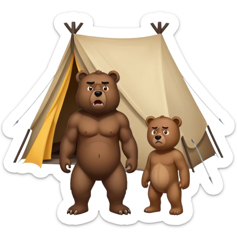 a black man and an angry bear standing outside of a tent sticker
