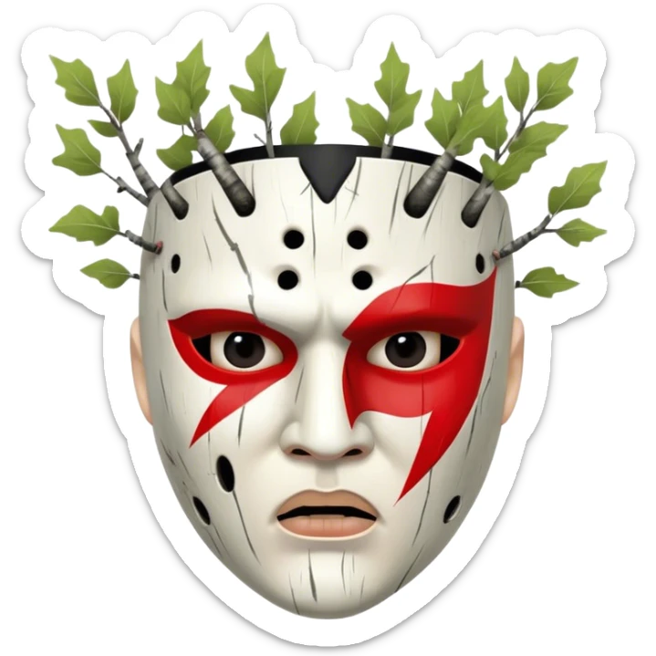 birch tree male mask in kokoshnik expressing anger, white, black and red palette, the texture has black marks sticker