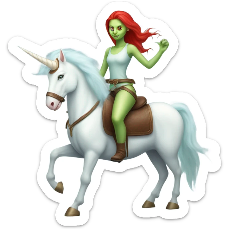 [politically incorrect
	{ woman: alien, color: light green, hair:red, eyes:cat} ]
	on a 
	[{ unicorn: white, legged:four, mane: light blue }] sticker