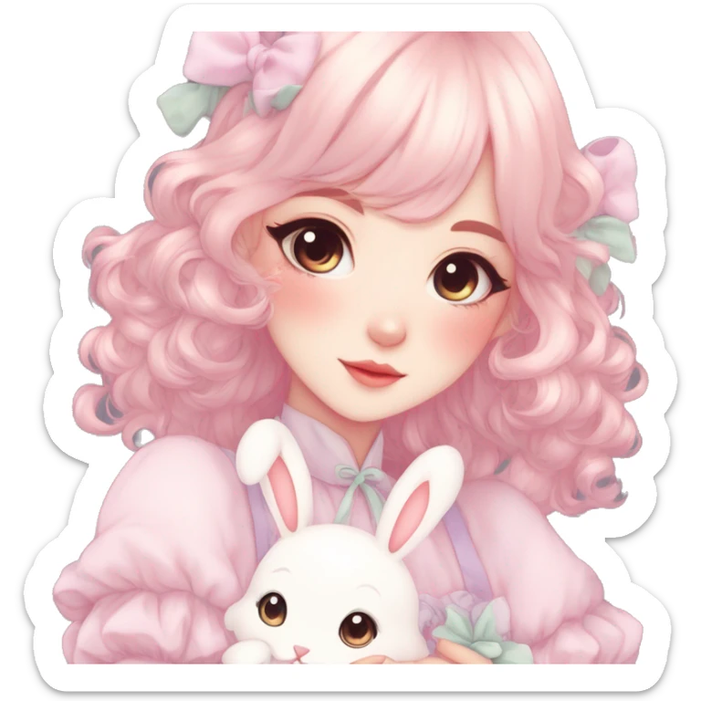 Gorgeous pastel anime style lady with blushing face and holding a bunny cottagecore fairycore pastelcore colorful pearly romantic simplistic aesthetic trending style sticker