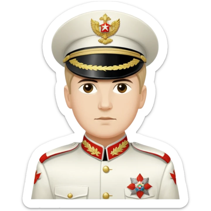 White Army officer from Russian Civil War with white uniform, epaulettes, and traditional military cap sticker