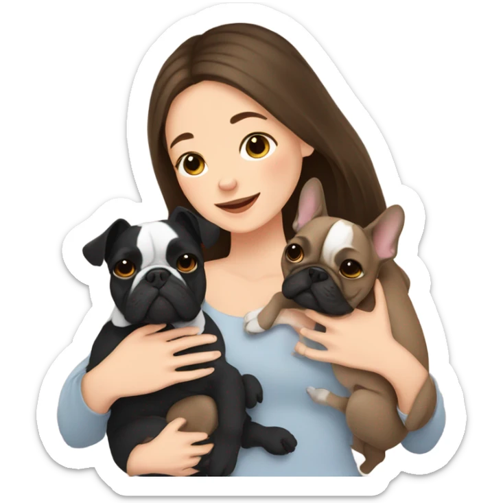 brunette girl cuddling two french bulldogs  sticker
