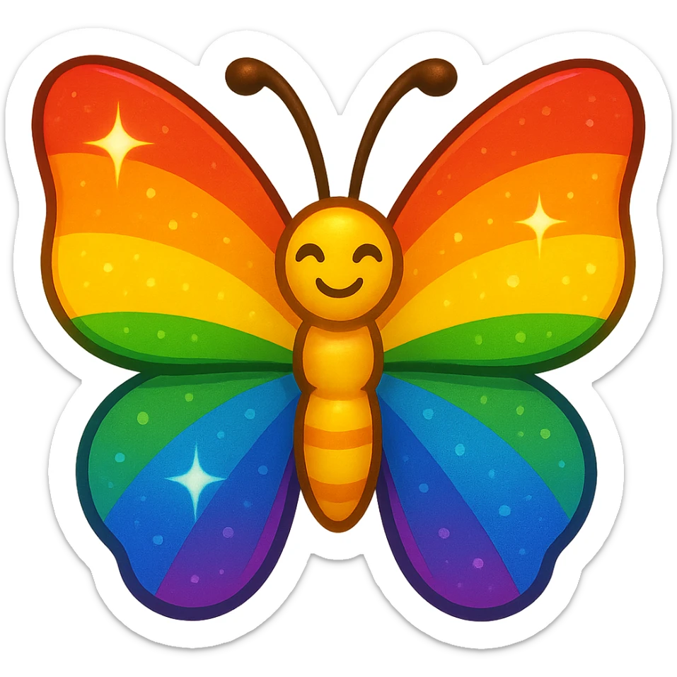 gay pride emoji, rainbow butterfly with vibrant wings, colorful and bright sticker