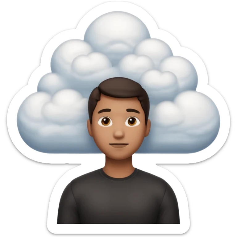 front view of a person from shoulders up, fully composed of volumetric clouds, apple emoji style sticker