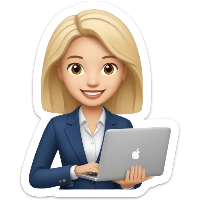 Business woman emoji, holding a laptop, smiling sticker