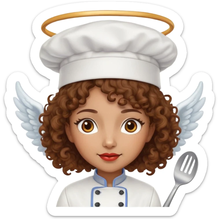 Light brown skinned mixed-race female chef with medium-length curly brown hair, wearing a chef's hat (toque), with both an angel halo and devil horns on her head sticker