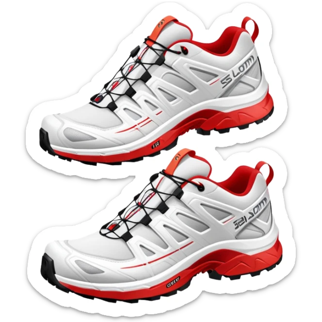 Ultra simplified white Salomon XT-6 shoes with just a red colored line across the middle, one behind the other, completely white design except for the colored center line sticker
