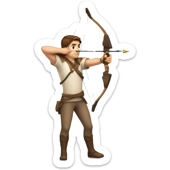a male archer aiming with a bow looking at his target, brown hair, bright skin, sticker