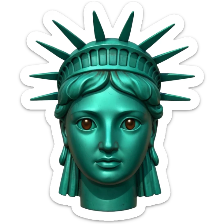 3D render of Statue of Liberty Head, heavily oxidized copper texture, verdigris patina, Classic teal copper texture, weathered bronze aesthetic, ancient decay, Apple emoji style, isolated on white background --v 6.0. sticker