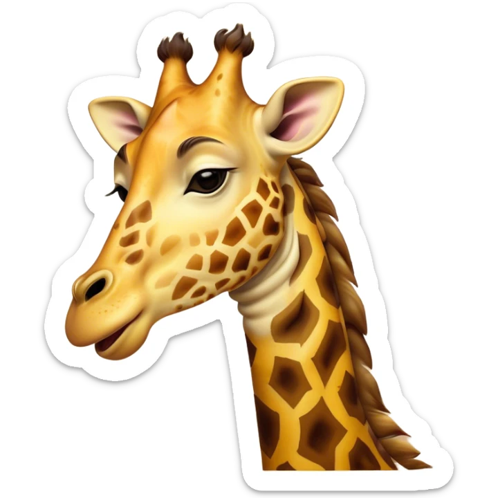 Cinematic Cute Yawning Giraffe Portrait Emoji, Head tilted slightly with a dramatic, wide-open yawn, showcasing a soft, patterned Fur of warm yellows and browns with a long, drooping neck and eyes barely open in drowsy contentment, Simplified yet irresistibly adorable features, highly detailed, glowing with a soft, cozy glow, high shine, relaxed yet expressive, stylized with a touch of savannah whimsy, bright and endearing, soft glowing outline, capturing the essence of a sleepy yet affectionate giraffe, so drowsy it feels like it could stretch right out of the screen and curl up for a nap! sticker