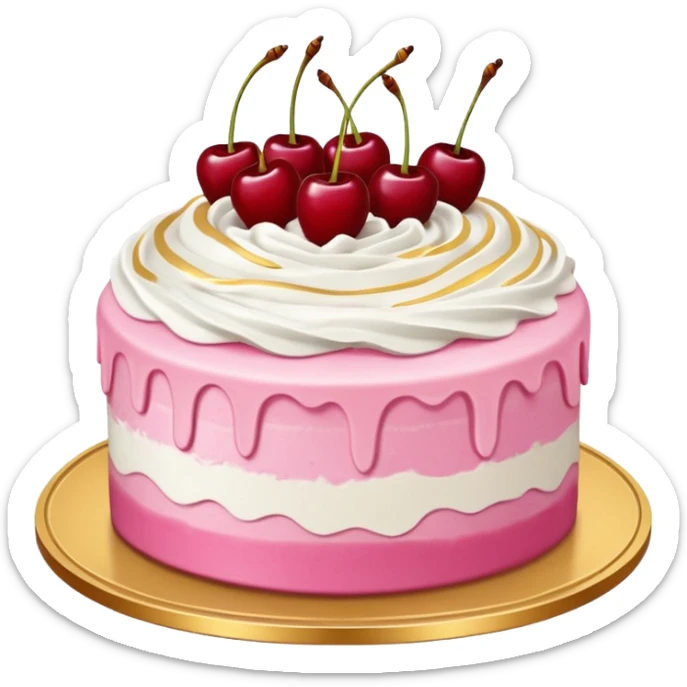 Round pink frosted cake with textured buttercream sides, placed on a gold cake board.
White whipped cream swirls on top, each topped with glossy red cherries with stems, clean studio lighting, isolated background, realistic minimal smooth emoji-style. sticker