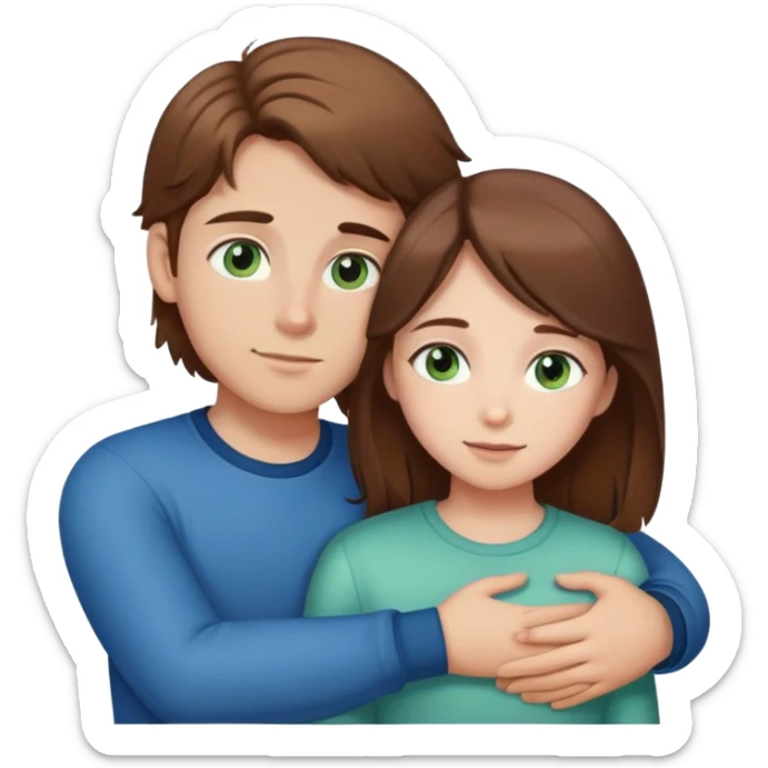 Brown middle part haired boy with blue-green eyes and brown haired brown eyed girl hugging sticker
