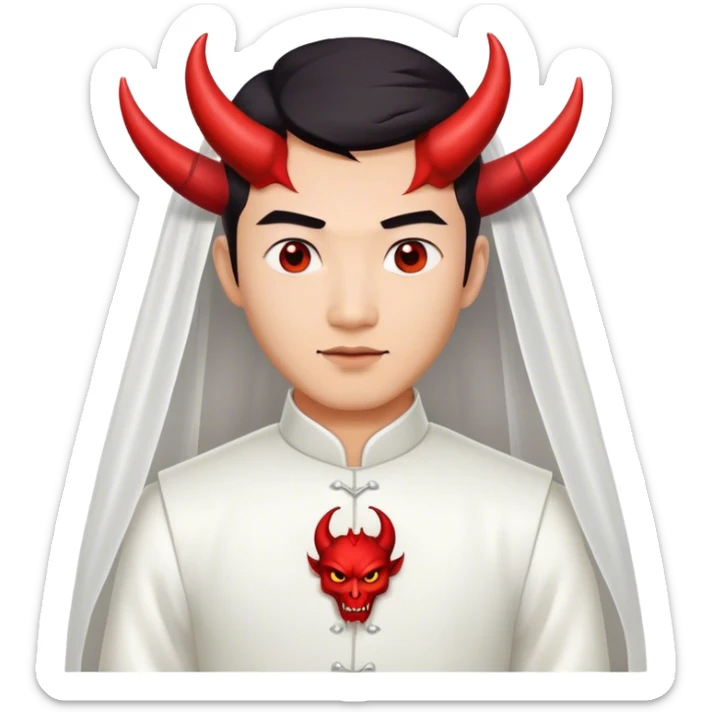 an asian male bride with the face of devil in wedding dress sticker