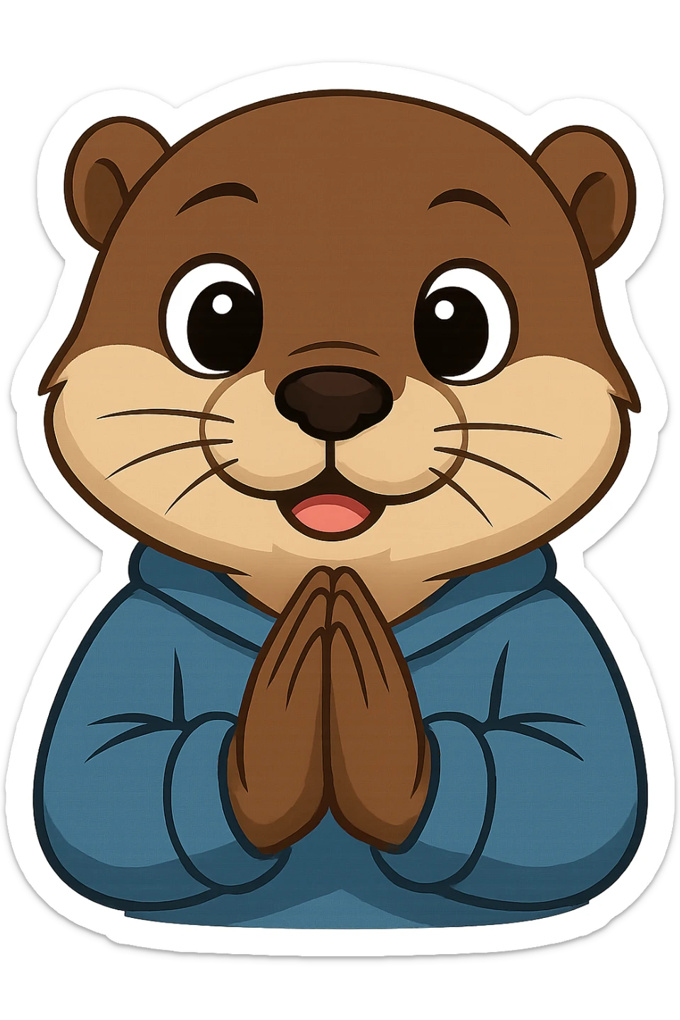 Make the otter look cuter in an animation or cartoon style, with hands together in a prayer position, zoomed in on the upper body, and no background. The style should be cute and cartoonish, emphasizing expressive eyes and soft features. sticker