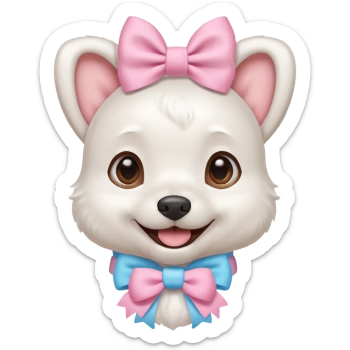 a cute white dog wearing a pink blue pastel bow on his head while he smiles excitedly sticker