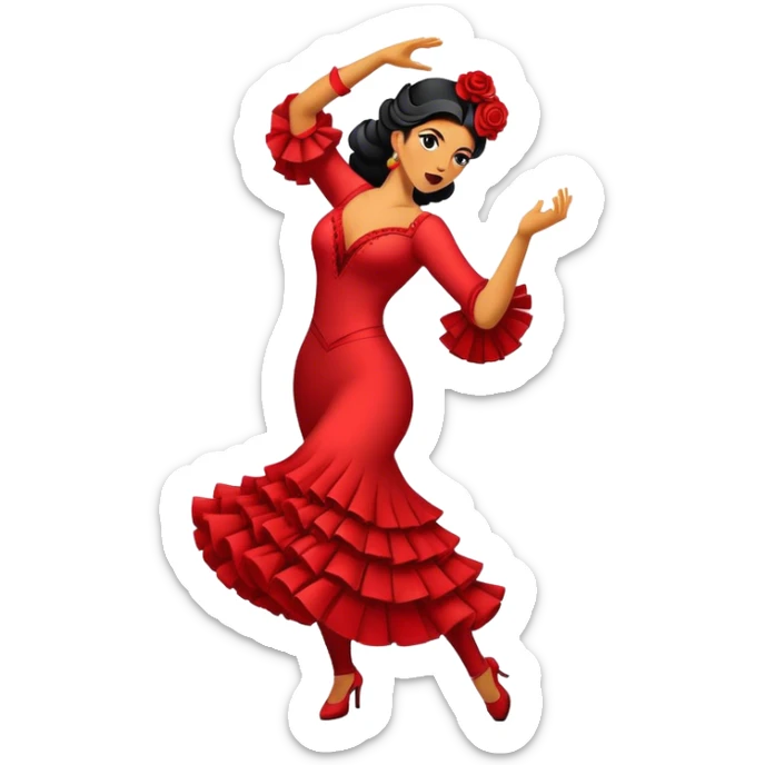 Cinematic Realistic Flamenco Dance Emoji, depicted as a passionate expressive flamenco performance with dramatic costumes and dynamic fiery movements, rendered with vibrant textures and bold energetic lighting that captures its intense rhythm. sticker