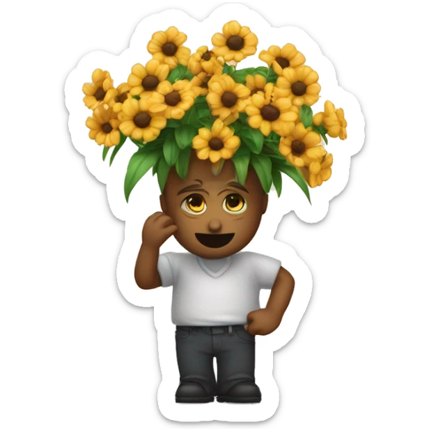 emoji triste segurando um buque de flores com corações quebrados de cor pretos em volta sticker