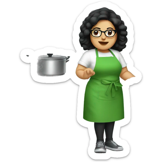 chubby lady with black hair green apron  with glasses cooking tacos sticker