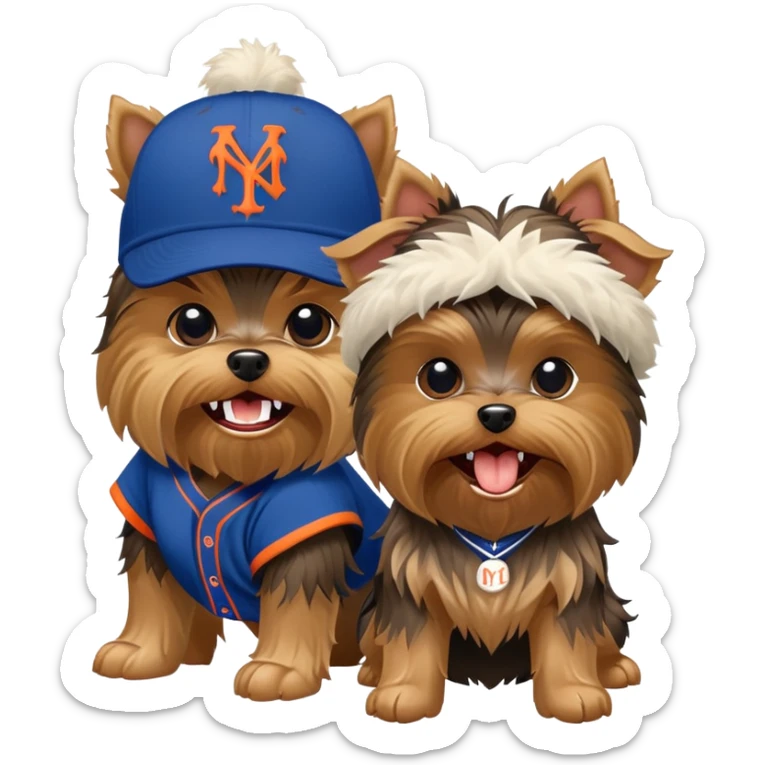 Yorkie with a NYY hat fighting an ugly dog with a New York Mets hat sticker