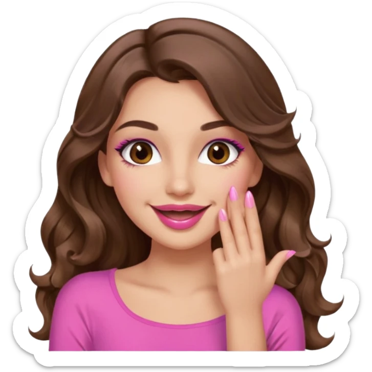 girl with long wavy brown hair, brown eyes, long lashes makeup, pink lips, light to medium complexion, pink sexy top, smiling, hand covering the mouth, sticker