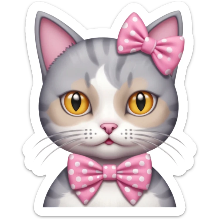 Evil Gray and white evil cat with a pink polka dot dress and with a pink polka dot bow sticker
