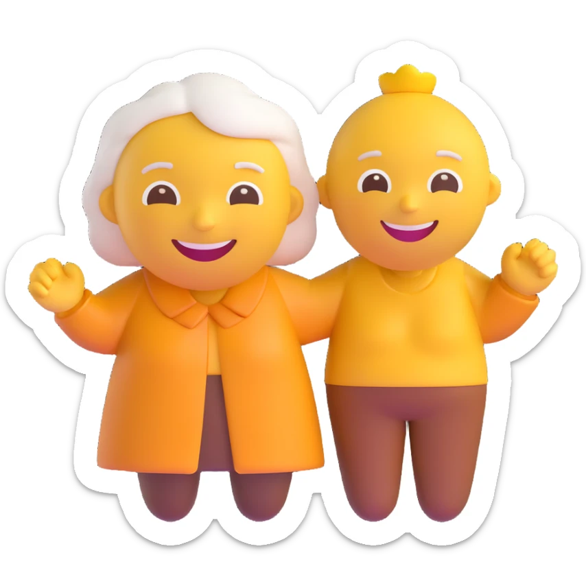 3D smiley emoji, round shape, grandparents holding hands, yellow and brown color, smiling face sticker