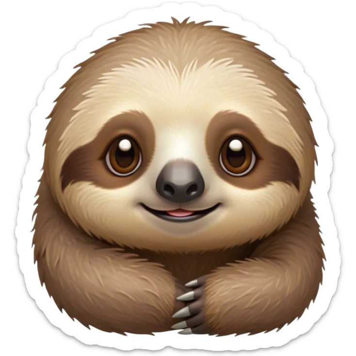 Cinematic Cute Sloth Portrait Emoji, Head tilted playfully and inquisitively, with a delightfully relaxed expression accented by a soft, fuzzy Fur and round, sparkling eyes filled with charm, Simplified yet irresistibly adorable features, highly detailed, glowing with a warm, gentle glow, high shine, affectionate and laid-back, stylized with a touch of whimsical laziness, bright and endearing, soft glowing outline, capturing the essence of a mischievous yet loving sloth that seems as if it could slowly dangle out of the screen into your arms! sticker