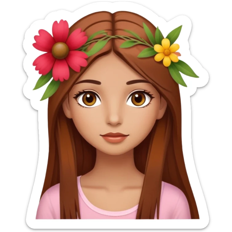 pretty girl with olive skin, hazel eyes and long lashes, has brown hair with a bit red undertone, hair is long and straight, and she’s in summer style, with flower on her head sticker