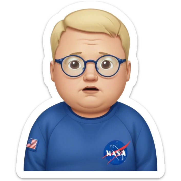 crying chubby man, with blond short receding hairline, wears a dark blue nasa sweatshirt, nasa logo on the breast, round glasses, 40 years old sticker