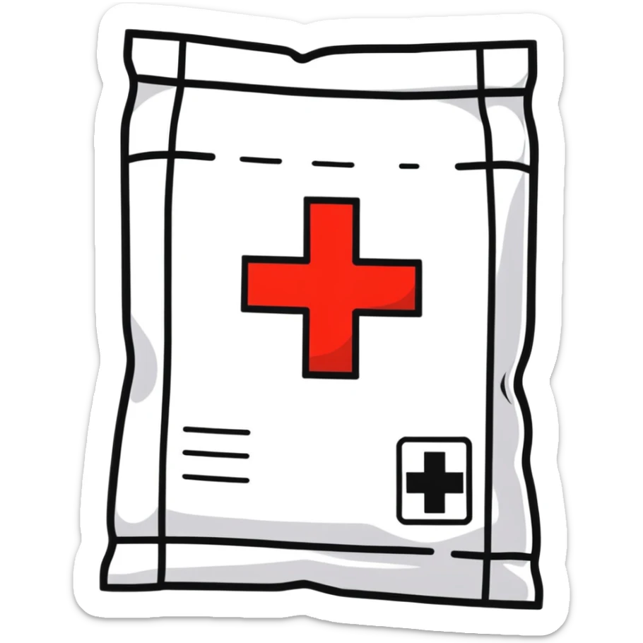 Discreet intimate health packet with red cross symbol and heart icon, sealed medical packet sticker