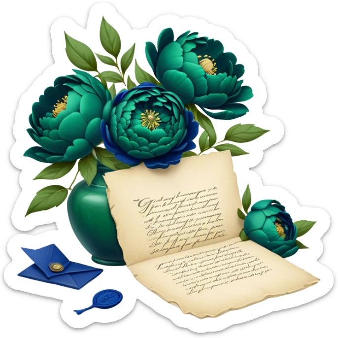 A charming arrangement of deep green peonies placed beside an old blue love letter with an intricate navy blue wax seal. sticker