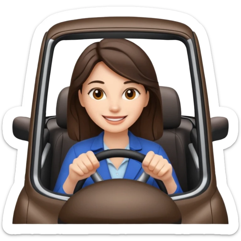 Brunette woman driving car like crazy. New car. Happy face confidence  sticker