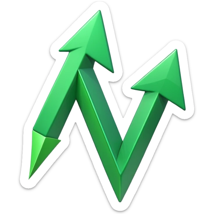 iOS-style 3D emoji: a glossy green arrow curving upward, attached to a jagged rising line chart, with smooth gradients and soft shadow sticker